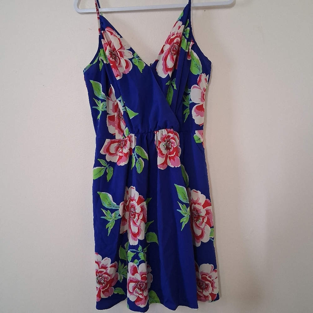 Yumi Kim | Blue Floral Sleeveless Dress  Pockets Underlined Faux Wrap